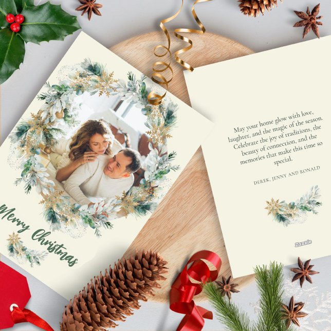 Cartão De Festividades Pine Saiu da Rua Aquarela Floco de Neve Natal (Criador carregado)