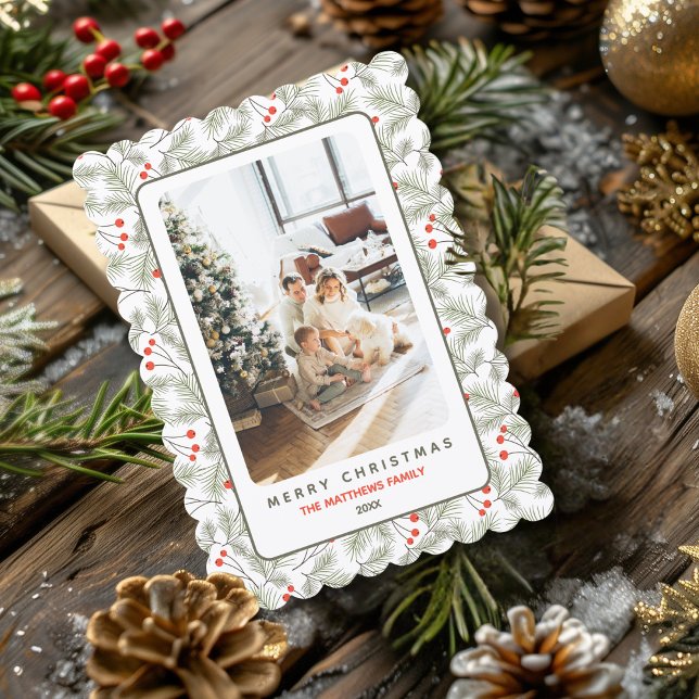 Cartão De Festividades Pine Sprigs and Berries Custom Photo Christmas  (Criador carregado)