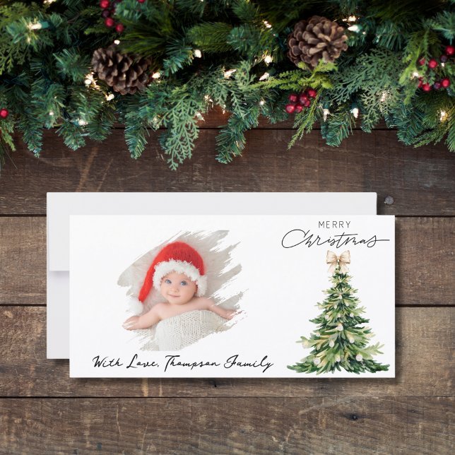 Cartão De Festividades Pine Tree Bow Christmas Elegant Photo Custom (Criador carregado)