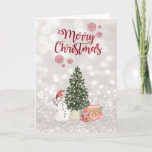 Cartão De Festividades Pine Tree,Snowman,Cookies Glittery Bokeh Holid<br><div class="desc">Homem de neve,  papagaios e pinheiros adoráveis no fundo do pinhal.</div>