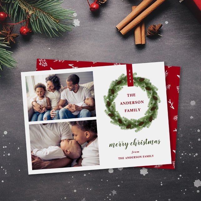 Cartão De Festividades Pine Wreath Feliz Natal 2 Foto (Criador carregado)