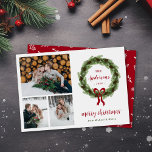 Cartão De Festividades Pine Wreath Feliz Natal 3 Foto<br><div class="desc">Barato de cartões com fotos de feriados impressos personalizados com um modelo simples para personalização. Este design moderno minimalista apresenta uma coroa de galhos de pínus e cones de pínus com um arco vermelho sobre fundo branco. Use as ferramentas de design para personalizar as fontes e cores ou carregar mais...</div>