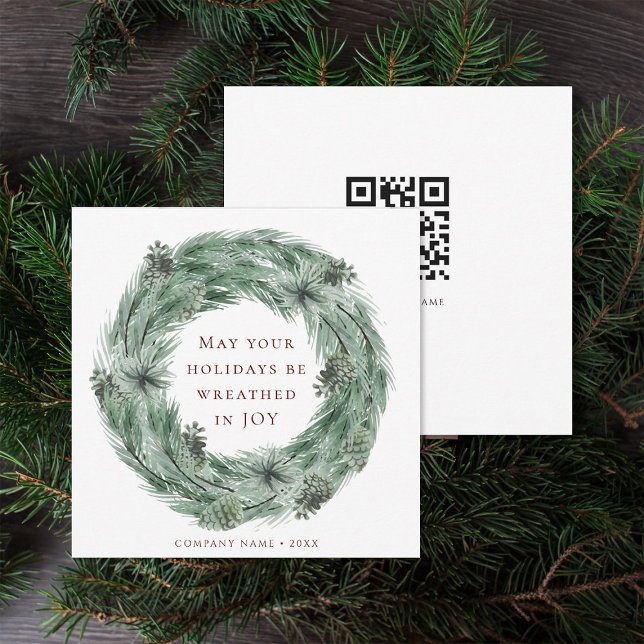 Cartão De Festividades Pine Wreath Green & Red Holiday Card com código QR (Front & Back)