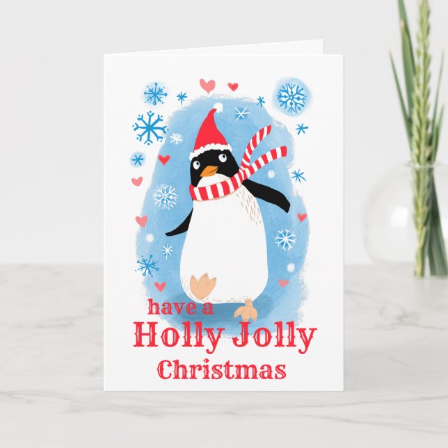 Cartão De Festividades Pinguim bonitinho de Natal Holly com amor de: (Frente)