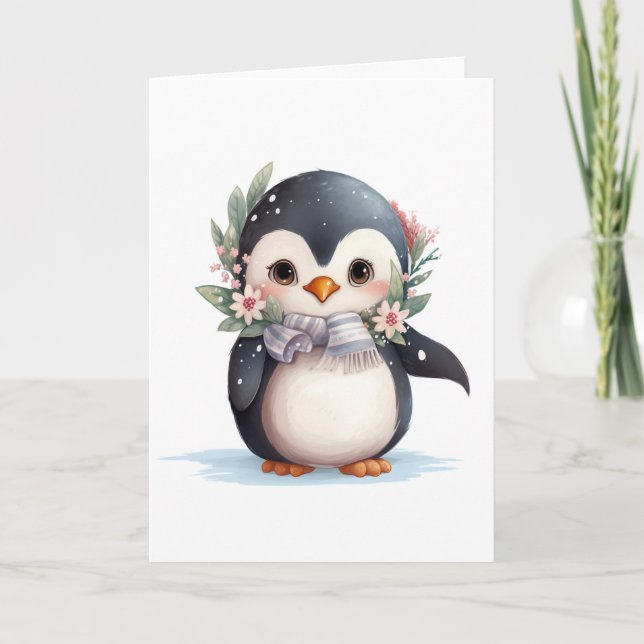 Cartão De Festividades Pinguim bonito com espinho e VAZIO Holly (Frente)