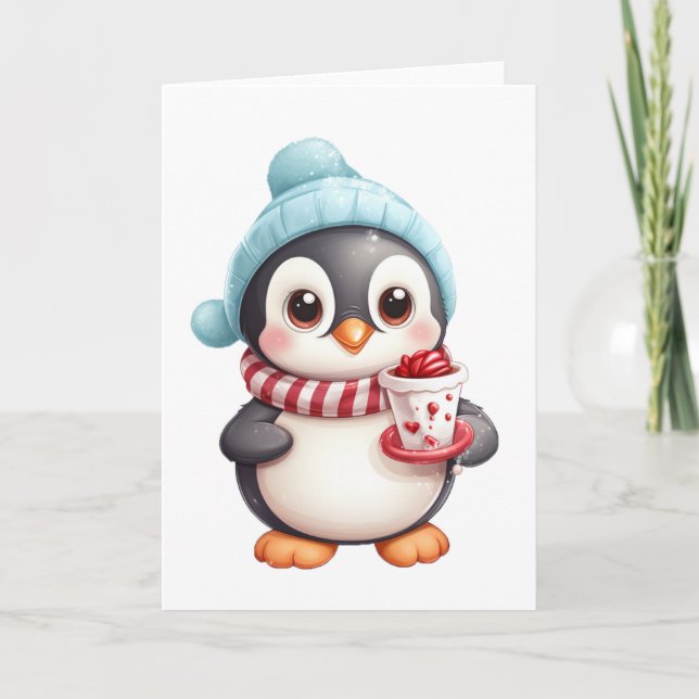 Cartão De Festividades Pinguim bonito com VAZIO de Snack/Snowball (Frente)