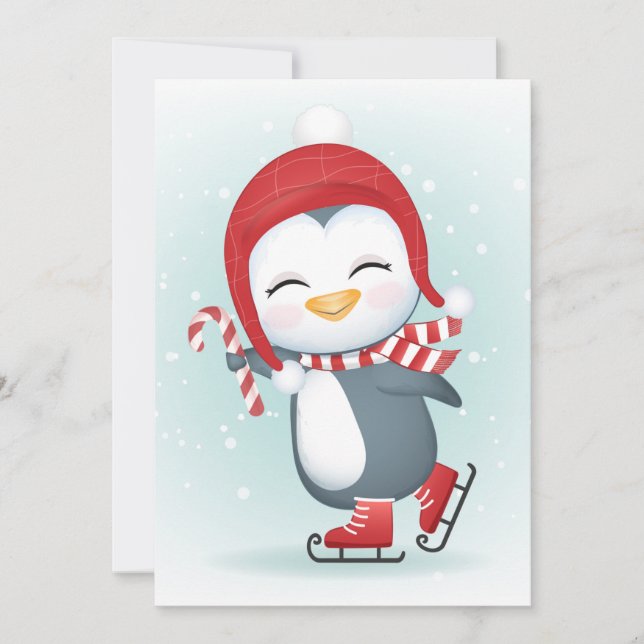 Cartão De Festividades Pinguim bonito em skates de gelo (Frente)