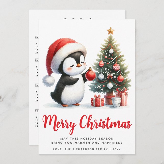 Cartão De Festividades Pinguim Branco e Vermelho Festivo Feliz Natal (Frente/Verso)