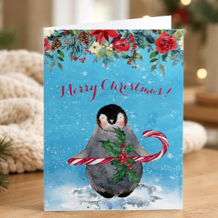 Cartão De Festividades Pinguim de Aquarela Feliz Natal