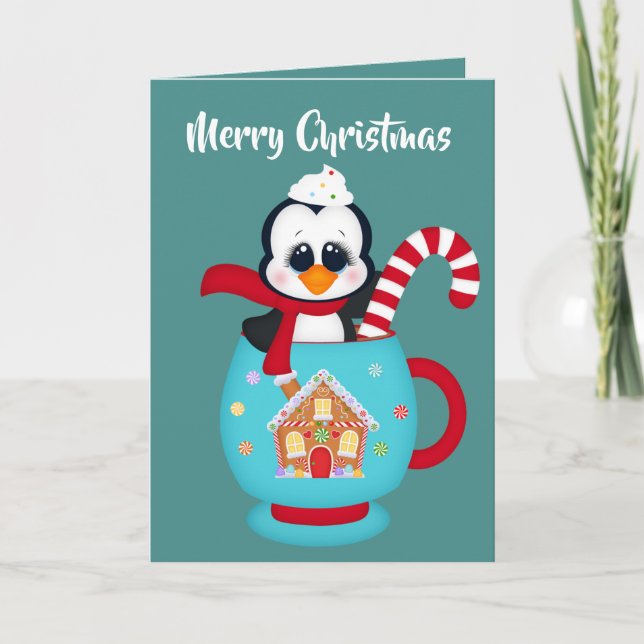 Cartão De Festividades Pinguim de cacau de Natal bonito adiciona mensagem (Frente)