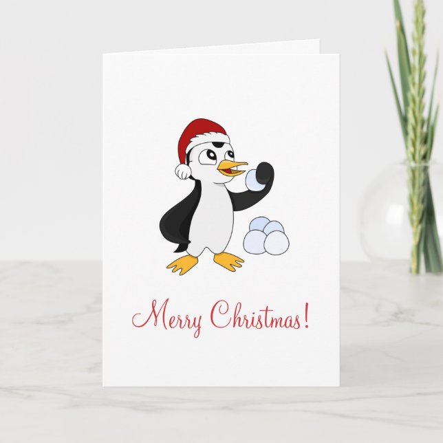Cartão De Festividades Pinguim de Natal bonito com uma bola de neve (Frente)