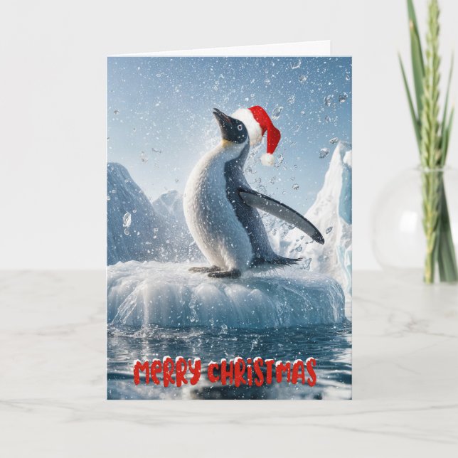 Cartão De Festividades Pinguim De Natal Em Um Iceberg (Frente)
