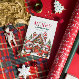 Cartão De Festividades Pinguim de Natal Fofo e Casa de Biscoito