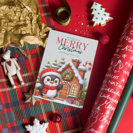 Cartão De Festividades Pinguim de Natal Fofo e Casa de Biscoito