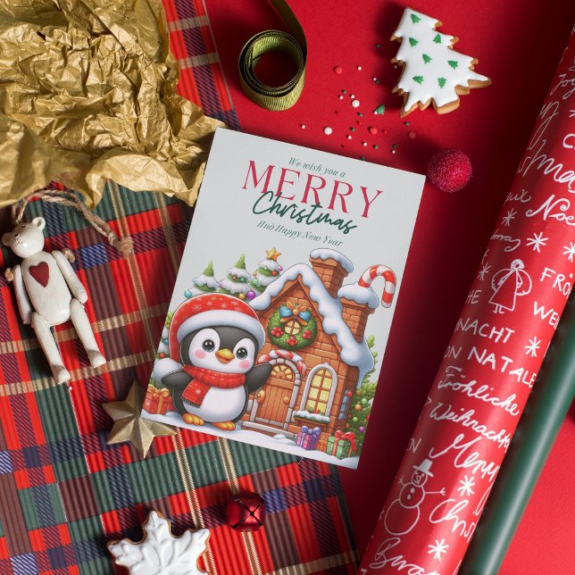 Cartão De Festividades Pinguim de Natal Fofo e Casa de Biscoito de Gengib (Criador carregado)