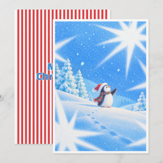 Cartão De Festividades Pinguim de Natal Fofo Paisagem de Inverno Nevada