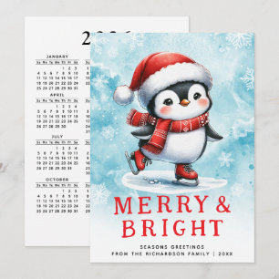 Cartão De Festividades Pinguim de patinação no gelo Natal fofo e alegre