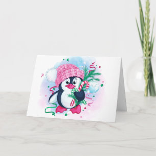 Cartão De Festividades Pinguim doce com Natal de Candy Canes