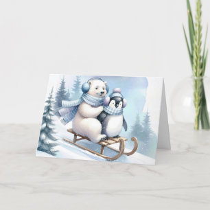 Cartão De Festividades Pinguim e Urso Polar em um Sled