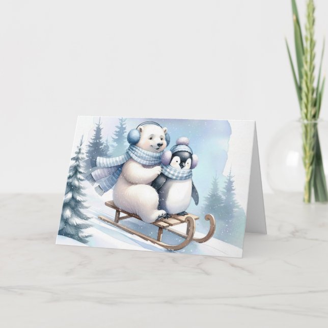 Cartão De Festividades Pinguim e Urso Polar em um Sled (Frente)