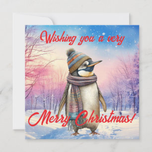 Cartão De Festividades Pinguim em uma paisagem nevada Feliz Natal