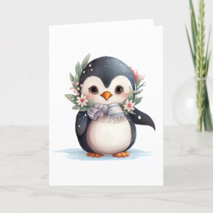 Cartão De Festividades Pinguim Fofo Com Cachecol e Azevinho EM BRANCO 