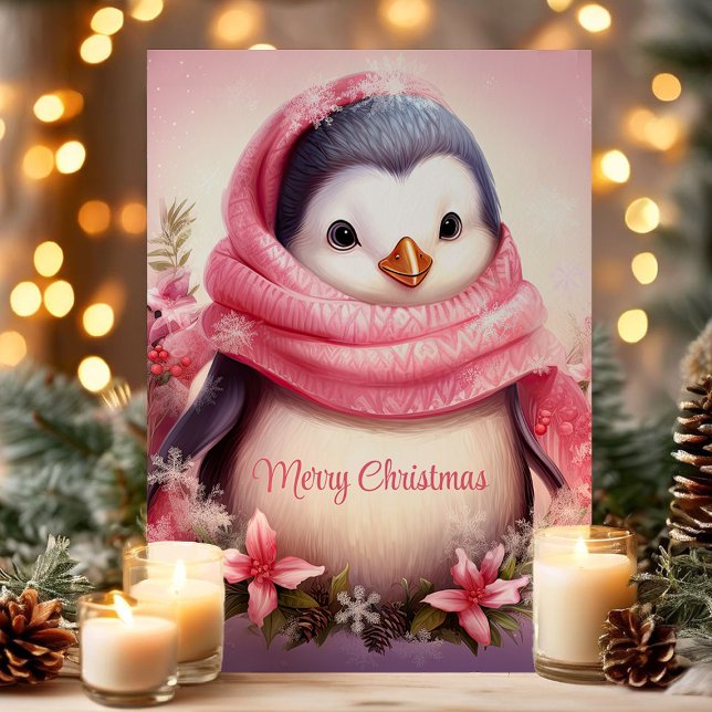 Cartão De Festividades Pinguim Fofo com Cachecol Rosa Natal (Criador carregado)