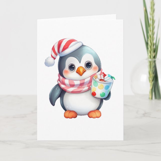 Cartão De Festividades Pinguim Fofo e Feliz com Lanche EM BRANCO  (Frente)