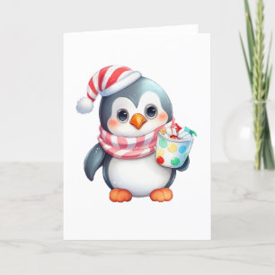 Cartão De Festividades Pinguim Fofo e Feliz com Lanche EM BRANCO 