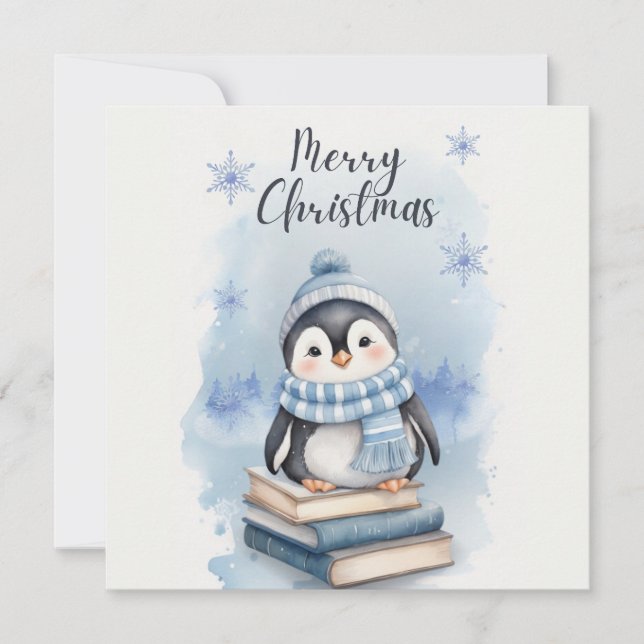 Cartão De Festividades Pinguim Natal de Watercolor (Frente)