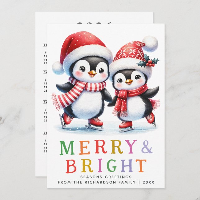 Cartão De Festividades Pinguim Natal Feliz Colorida e Brilho (Frente/Verso)