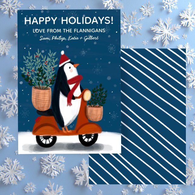 Cartão De Festividades Pinguim no Patinete de Natal Fofo (Penguin on Scooter Cute Christmas Custom Holiday Card
)