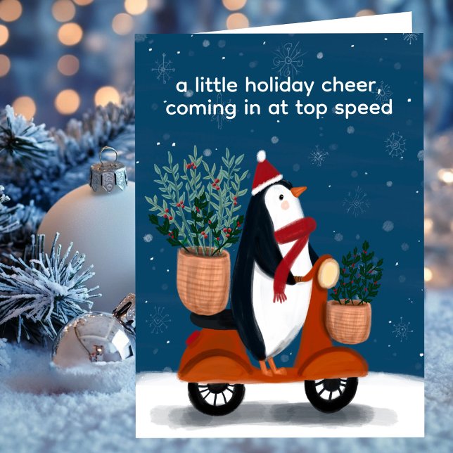 Cartão De Festividades Pinguim no Patinete de Natal Fofo (Penguin on Scooter Cute Christmas Custom Non-Photo Folded Holiday Card / Digital Download
)