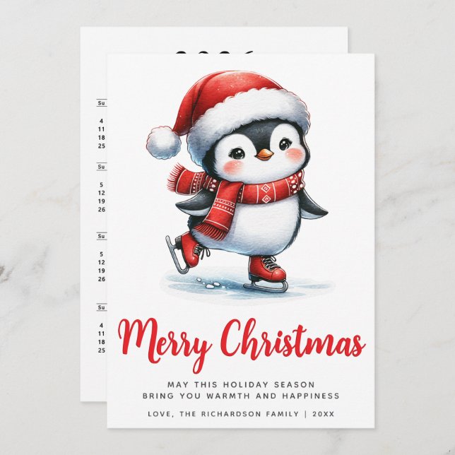 Cartão De Festividades Pinguim Pinguim Pinguim Cachado Branco Vermelho Fe (Frente/Verso)