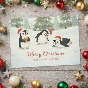 Cartão De Festividades Pinguins Adoráveis em Floresta de Natal em Aquarel