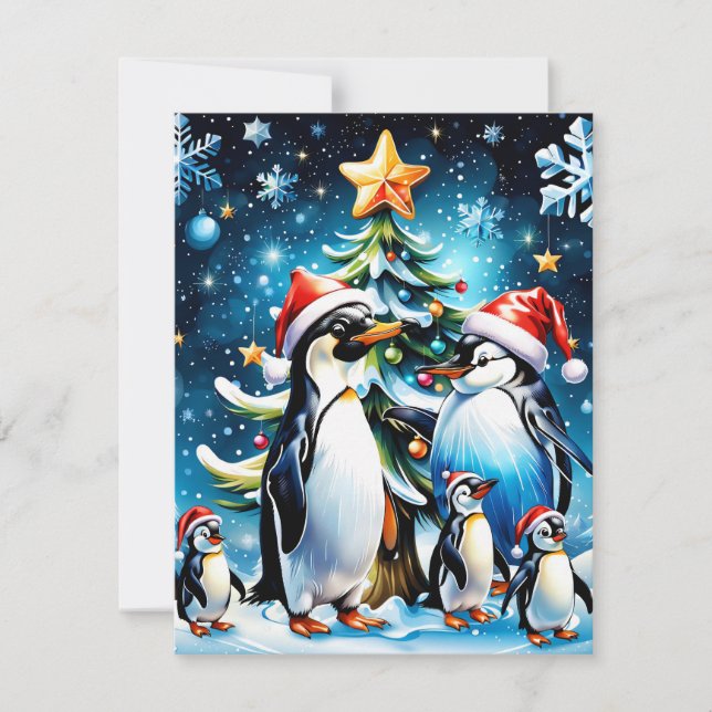 Cartão De Festividades Pinguins bonitos em estilo animado'' (Frente)