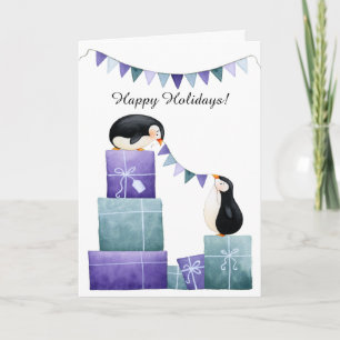 Cartão De Festividades Pinguins com Presentes de Natal Roxo e Teal