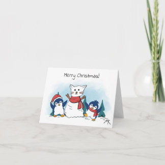 Cartão De Festividades Pinguins construindo um boneco de neve de gato no