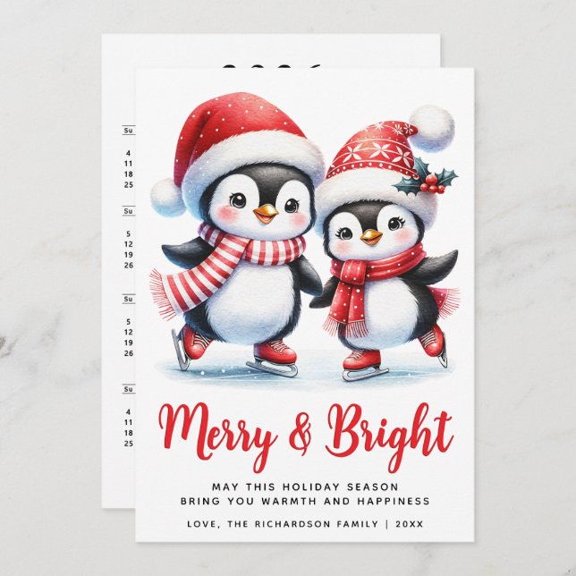 Cartão De Festividades Pinguins de Diversão feliz Brilhante Branco Natal  (Frente/Verso)