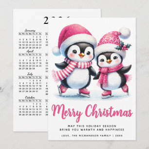 Cartão De Festividades Pinguins de gelo, cor-de-rosa, cor-de-rosa, com sa