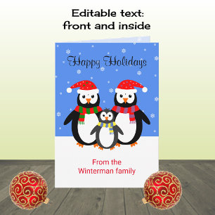 Cartão De Festividades Pinguins de Natal, feliz feriado, texto editável