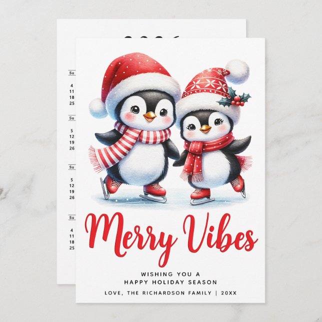 Cartão De Festividades Pinguins de Patinação no Gelo Vibrações Alegres de (Frente/Verso)