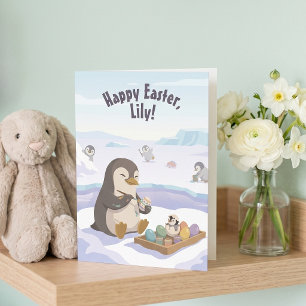 Cartão De Festividades Pinguins Decorando Ovos   Páscoa Personalizada