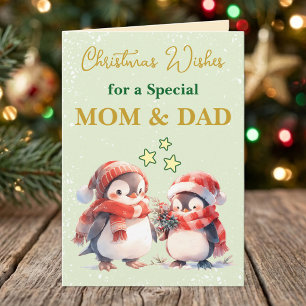 Cartão De Festividades Pinguins especiais Mamãe e Papai natal verde