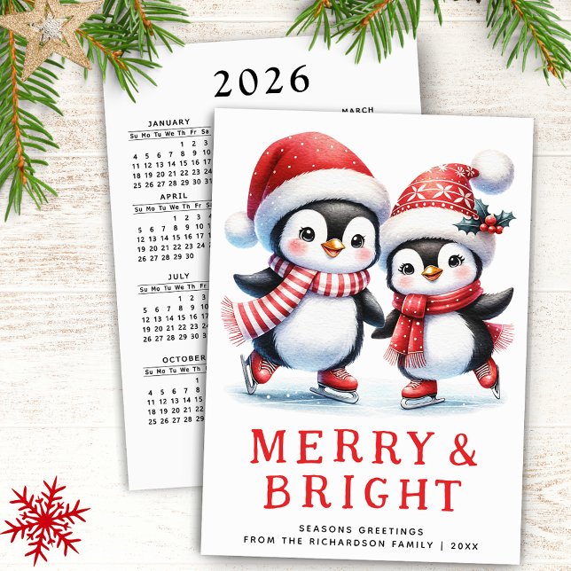 Cartão De Festividades Pinguins Feliz Brilho Vermelho Branco Moderno Nata (Christmas Card with Cute Penguins, Merry & Bright Greetings and 2026 Calendar)