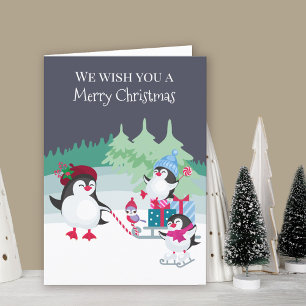 Cartão De Festividades Pinguins Fofos na Floresta de Neve Feliz Natal
