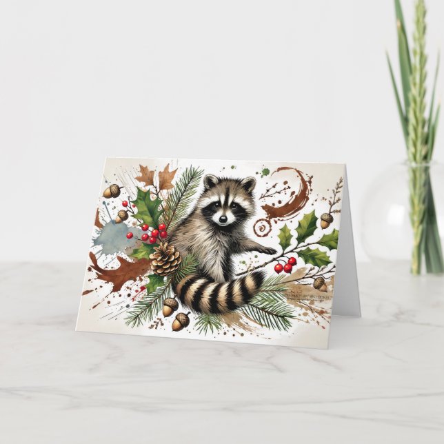 Cartão De Festividades Pinhas de Guaxinim Rústico Frutas de Azevinho Bolo (Frente)