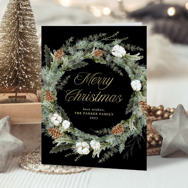 Cartão De Festividades Pinheirinho Negro | Dourado Feliz Natal (An elegant, dark black holiday card with a traditional Christmas wreath and gold script)