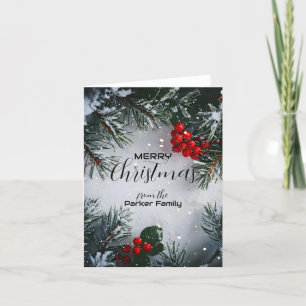 Cartão De Festividades Pinheiro Coberto De Neve, Holly Berries, Não Foto