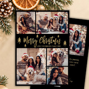 Cartão De Festividades Pinheiro Preto Dourado 5 Colagem de Fotos Natal